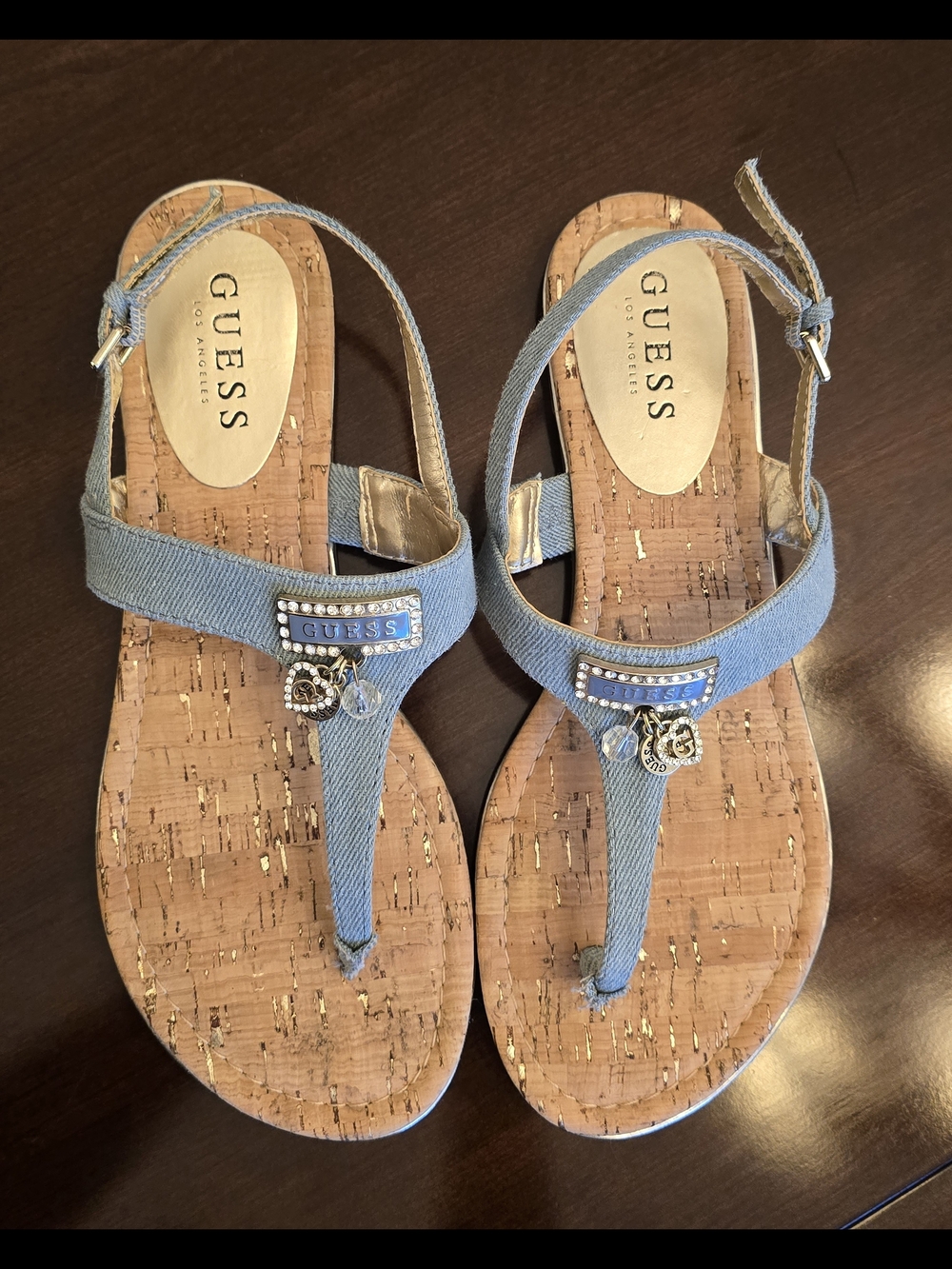 GUESS Women's Light Blue Denim & Cork Thong Sandals, Sz 9